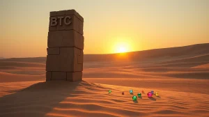 Bitcoin pillar in desert landscape with altcoin gems emerging at its base, symbolizing declining dominance and altseason.