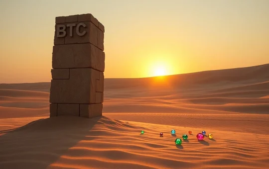 Bitcoin pillar in desert landscape with altcoin gems emerging at its base, symbolizing declining dominance and altseason.