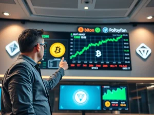 Financial analyst reviewing cryptocurrency market data on large digital display showing Bitcoin, Chainlink, and Polygon charts
