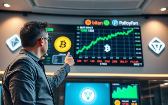 Financial analyst reviewing cryptocurrency market data on large digital display showing Bitcoin, Chainlink, and Polygon charts