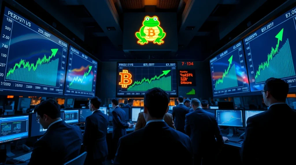 Trading floor with Bitcoin price charts and green arrows, Pepeto symbol in background