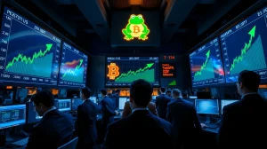 Trading floor with Bitcoin price charts and green arrows, Pepeto symbol in background