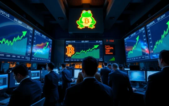 Trading floor with Bitcoin price charts and green arrows, Pepeto symbol in background