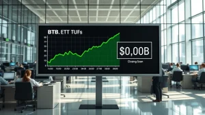 Digital display board showing Bitcoin ETF inflows crossing $1.6 billion with a presale countdown timer on a trading floor