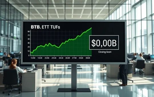 Digital display board showing Bitcoin ETF inflows crossing $1.6 billion with a presale countdown timer on a trading floor