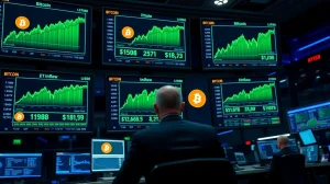 Professional trading floor with Bitcoin price charts and ETF data on monitors