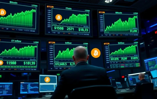 Professional trading floor with Bitcoin price charts and ETF data on monitors