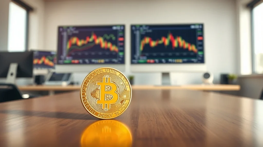 Bitcoin coin on table with crypto charts in background, representing Bitcoin fair value survey results
