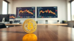 Bitcoin coin on table with crypto charts in background, representing Bitcoin fair value survey results