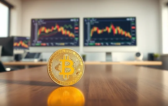Bitcoin coin on table with crypto charts in background, representing Bitcoin fair value survey results