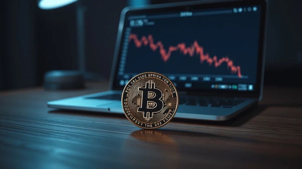 Bitcoin coin on desk with laptop showing price chart in background