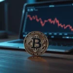 Bitcoin coin on desk with laptop showing price chart in background