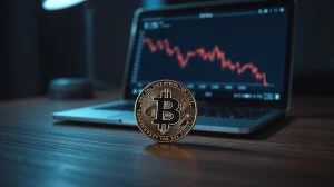 Bitcoin coin on desk with laptop showing price chart in background
