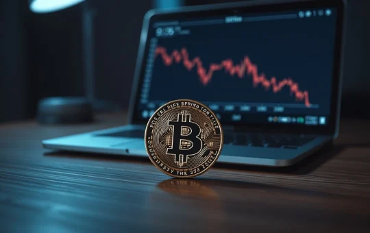 Bitcoin coin on desk with laptop showing price chart in background