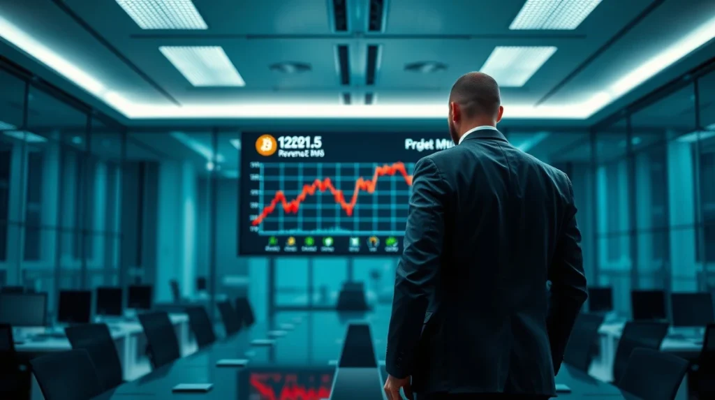 Financial analyst reviewing Bitcoin price chart and revenue data on a large screen in a modern boardroom