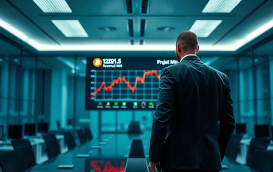 Financial analyst reviewing Bitcoin price chart and revenue data on a large screen in a modern boardroom