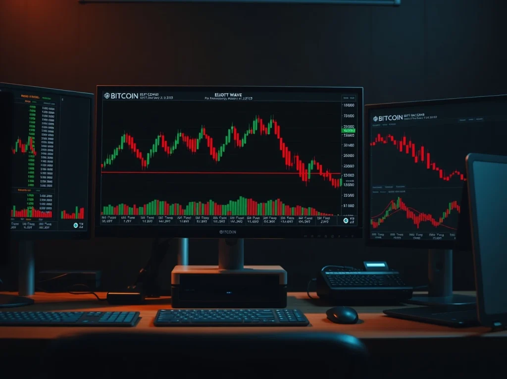 Bitcoin price chart with Elliott Wave labels on a professional trading desk monitor
