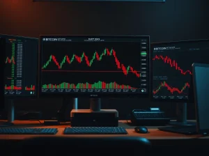 Bitcoin price chart with Elliott Wave labels on a professional trading desk monitor