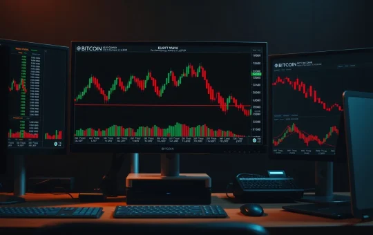 Bitcoin price chart with Elliott Wave labels on a professional trading desk monitor