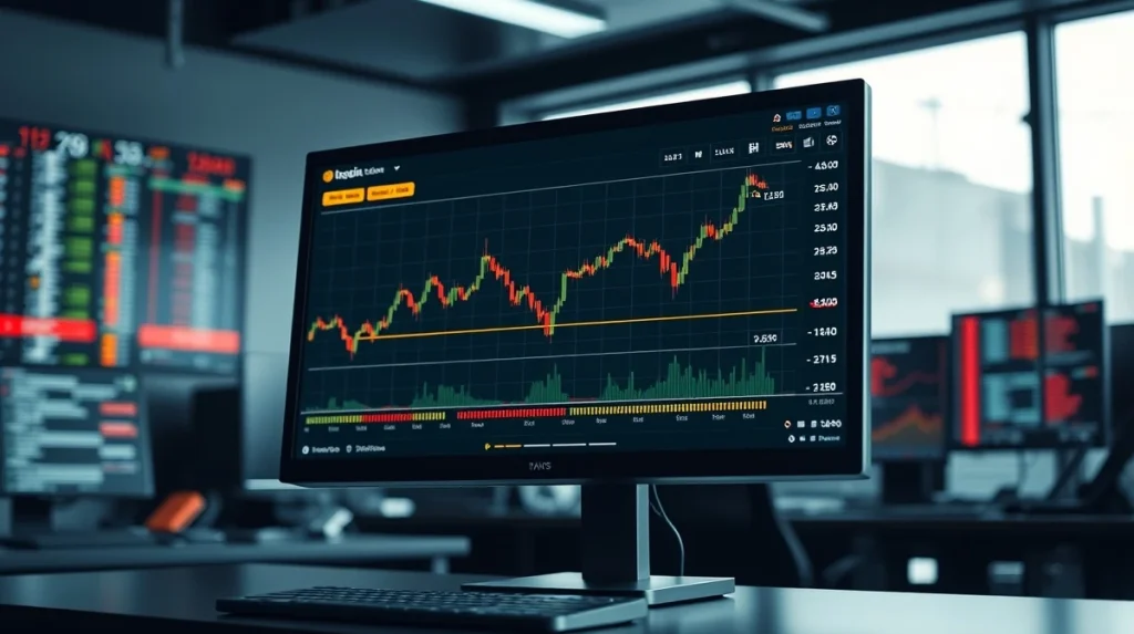 Bitcoin price chart and funding rate indicator on a trading monitor in a professional office setting