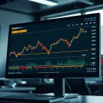 Bitcoin price chart and funding rate indicator on a trading monitor in a professional office setting