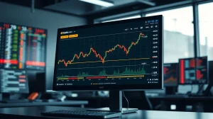 Bitcoin price chart and funding rate indicator on a trading monitor in a professional office setting
