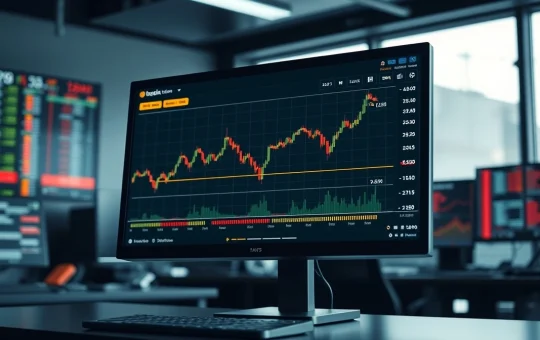 Bitcoin price chart and funding rate indicator on a trading monitor in a professional office setting