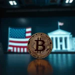 Bitcoin coin on a trading desk with American flag and Federal Reserve building in blurred background