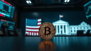 Bitcoin coin on a trading desk with American flag and Federal Reserve building in blurred background