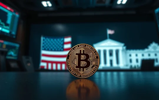 Bitcoin coin on a trading desk with American flag and Federal Reserve building in blurred background
