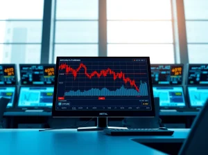 Bitcoin futures trading screen showing declining chart and negative spot accumulation data, indicating potential downside risk.