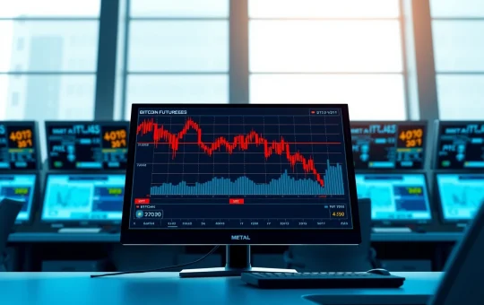 Bitcoin futures trading screen showing declining chart and negative spot accumulation data, indicating potential downside risk.