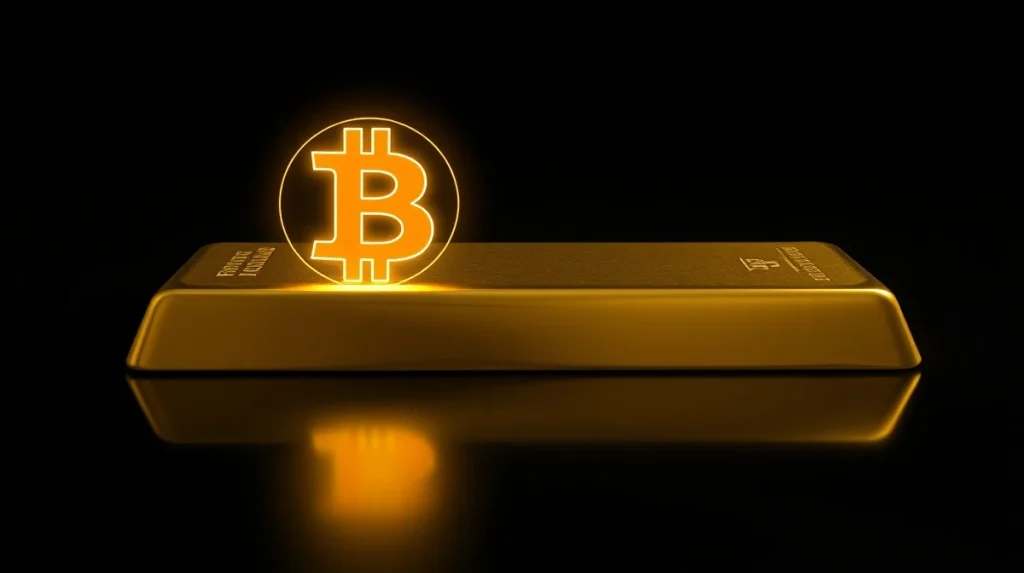 Gold bar with a glowing Bitcoin hologram above it on a dark reflective surface.