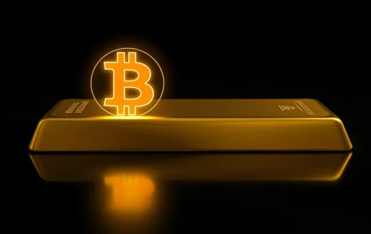Gold bar with a glowing Bitcoin hologram above it on a dark reflective surface.