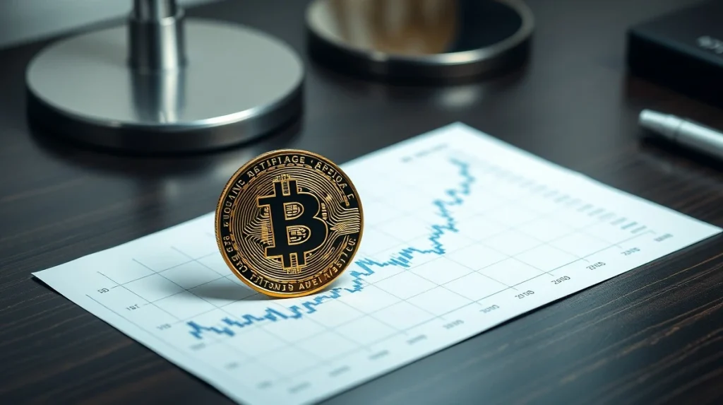 Bitcoin coin resting on a candlestick chart with a rising 21-day moving average line