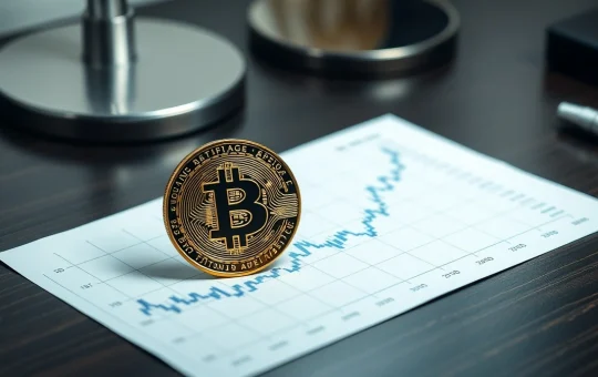 Bitcoin coin resting on a candlestick chart with a rising 21-day moving average line