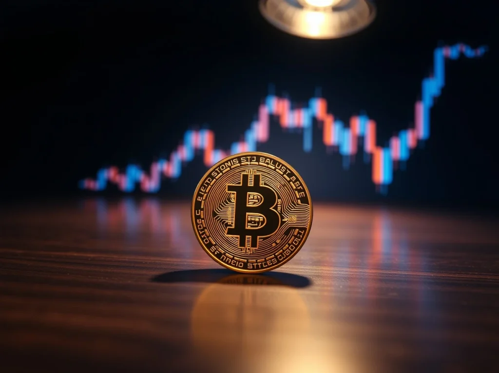 Bitcoin coin on dark table with faint candlestick chart in background