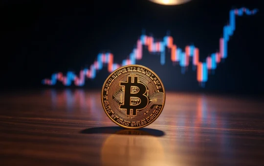 Bitcoin coin on dark table with faint candlestick chart in background
