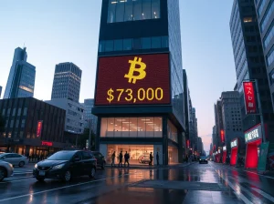 Bitcoin price displayed on a digital ticker in Tokyo's financial district, symbolizing Japan's new crypto market reforms.