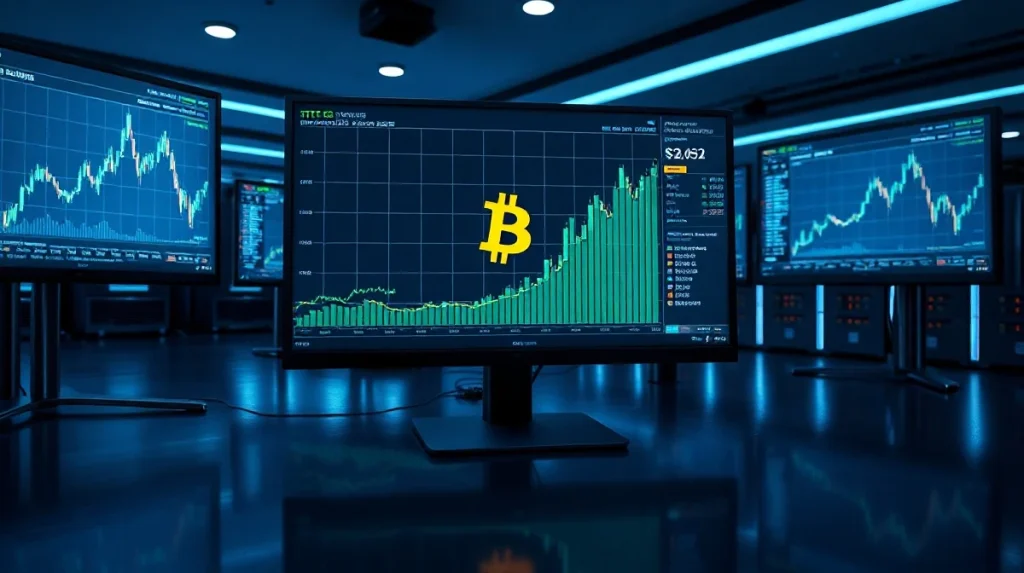 Trading desk monitors showing Bitcoin price charts with open interest data surging to new highs