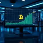Trading desk monitors showing Bitcoin price charts with open interest data surging to new highs