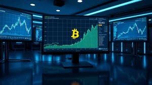 Trading desk monitors showing Bitcoin price charts with open interest data surging to new highs