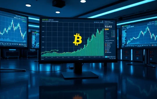 Trading desk monitors showing Bitcoin price charts with open interest data surging to new highs