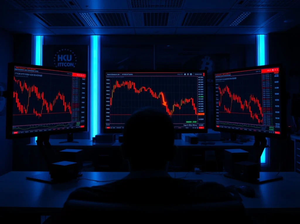 Bitcoin price chart and liquidation heatmap on a trading desk monitor