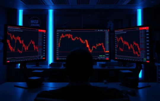 Bitcoin price chart and liquidation heatmap on a trading desk monitor