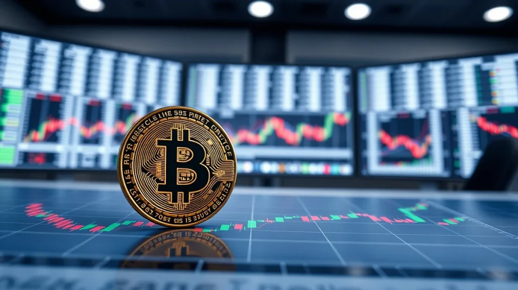 Bitcoin coin on a trading chart with candlestick patterns and liquidity cluster markers near $78,000 level