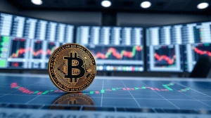 Bitcoin coin on a trading chart with candlestick patterns and liquidity cluster markers near $78,000 level