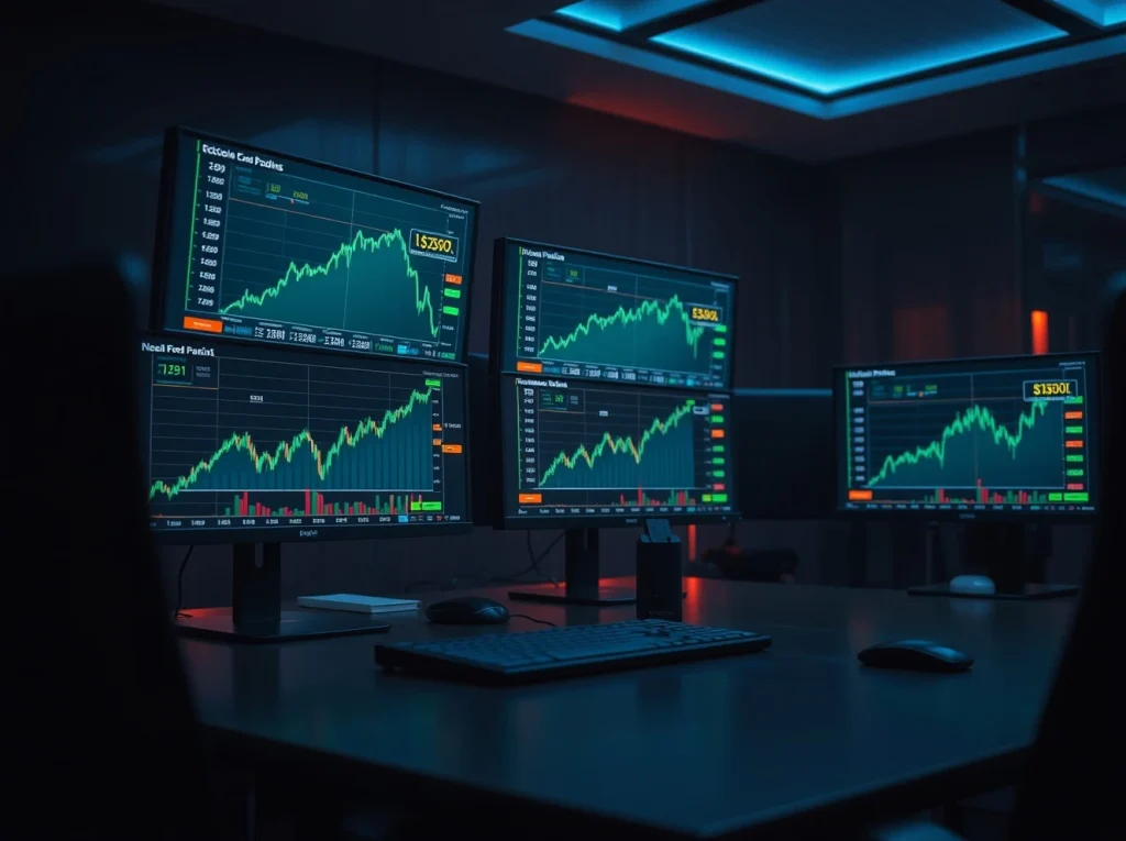 Bitcoin trading desk with monitors showing on-chain data and price charts