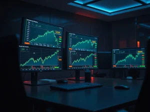 Bitcoin trading desk with monitors showing on-chain data and price charts