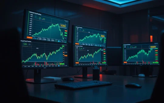 Bitcoin trading desk with monitors showing on-chain data and price charts
